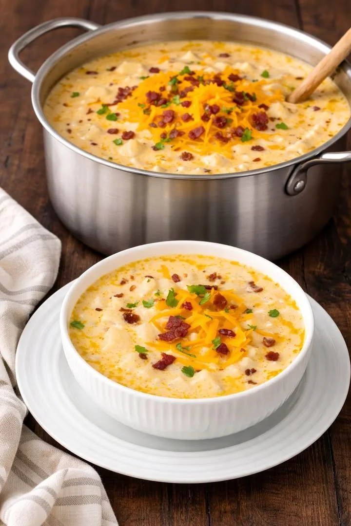 Bowl of loaded hash brown potato soup topped with cheese and green onions