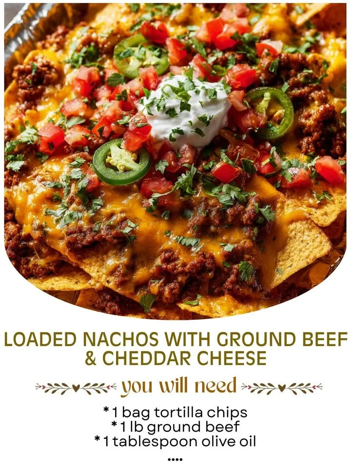 Loaded nachos with ground beef and cheddar cheese topped with jalapeños and salsa