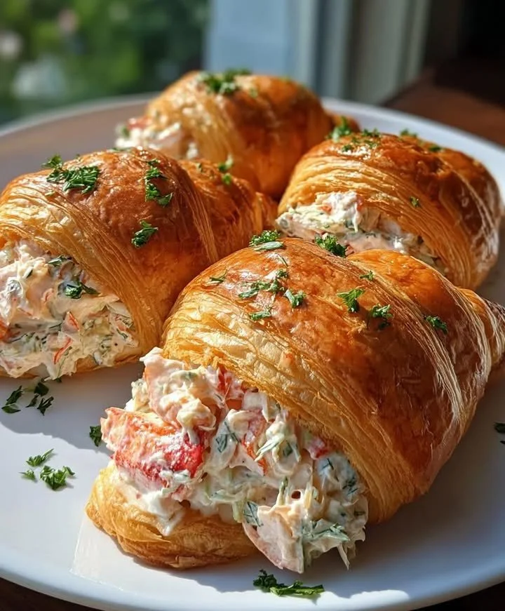 Lobster salad croissant rolls displayed on a white plate