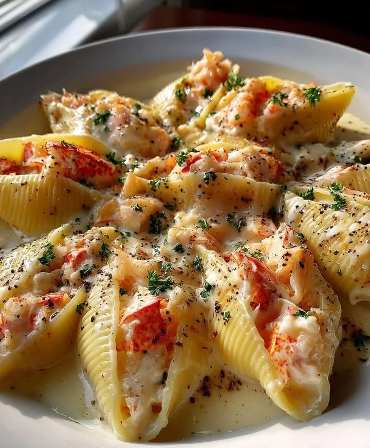 Delicious lobster-stuffed shells in creamy Alfredo sauce served on a plate