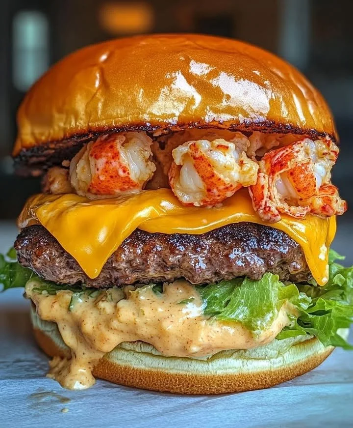 Lobster-Topped Cheddar Smash Burger with melted cheese and juicy patty