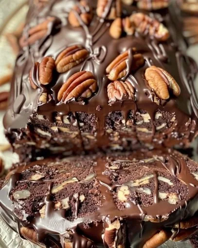 Decadent luscious chocolate pecan cake topped with pecans and rich chocolate frosting.