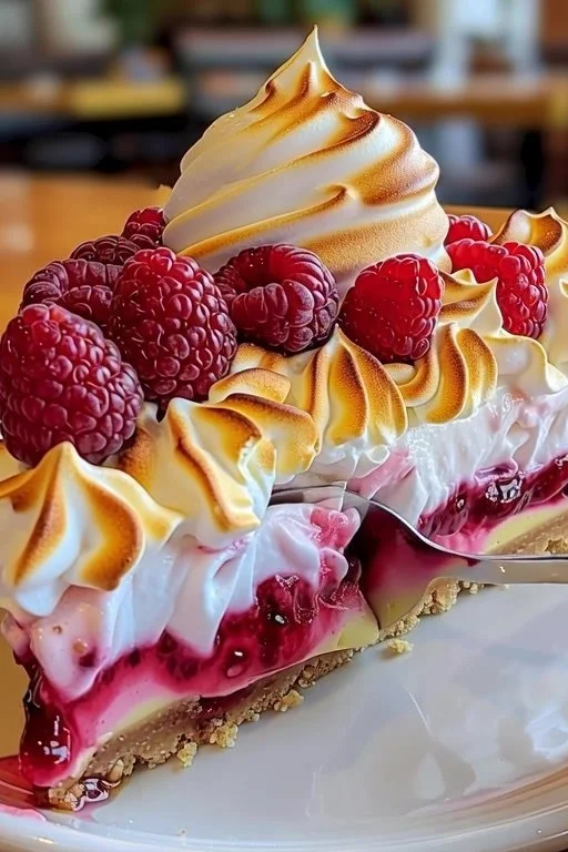 Lemon raspberry cheesecake topped with toasted meringue swirl, a delightful dessert.