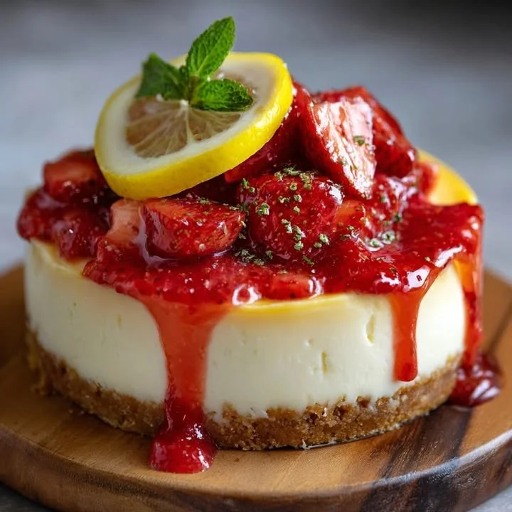Luscious strawberry lemon cheesecake topped with fresh strawberries and lemon slices