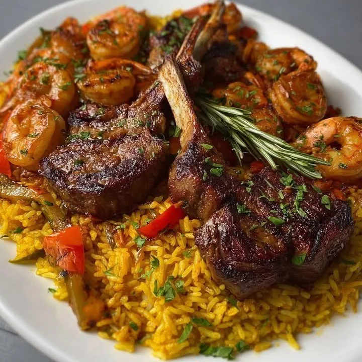 Luxury surf and turf dish with lamb chops and garlic butter shrimp