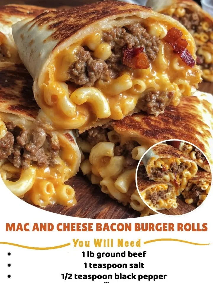Mac and Cheese Bacon Burger Rolls stacked on a plate with crispy bacon