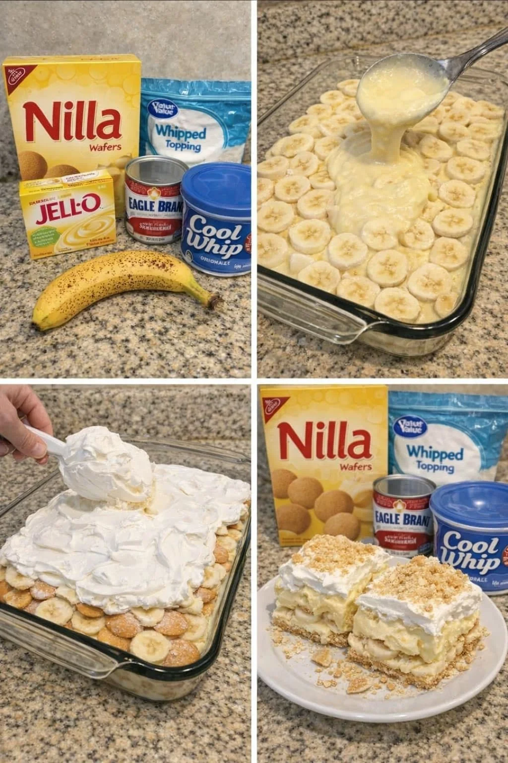 Delicious Mama's Banana Pudding in a serving dish with bananas and whipped cream