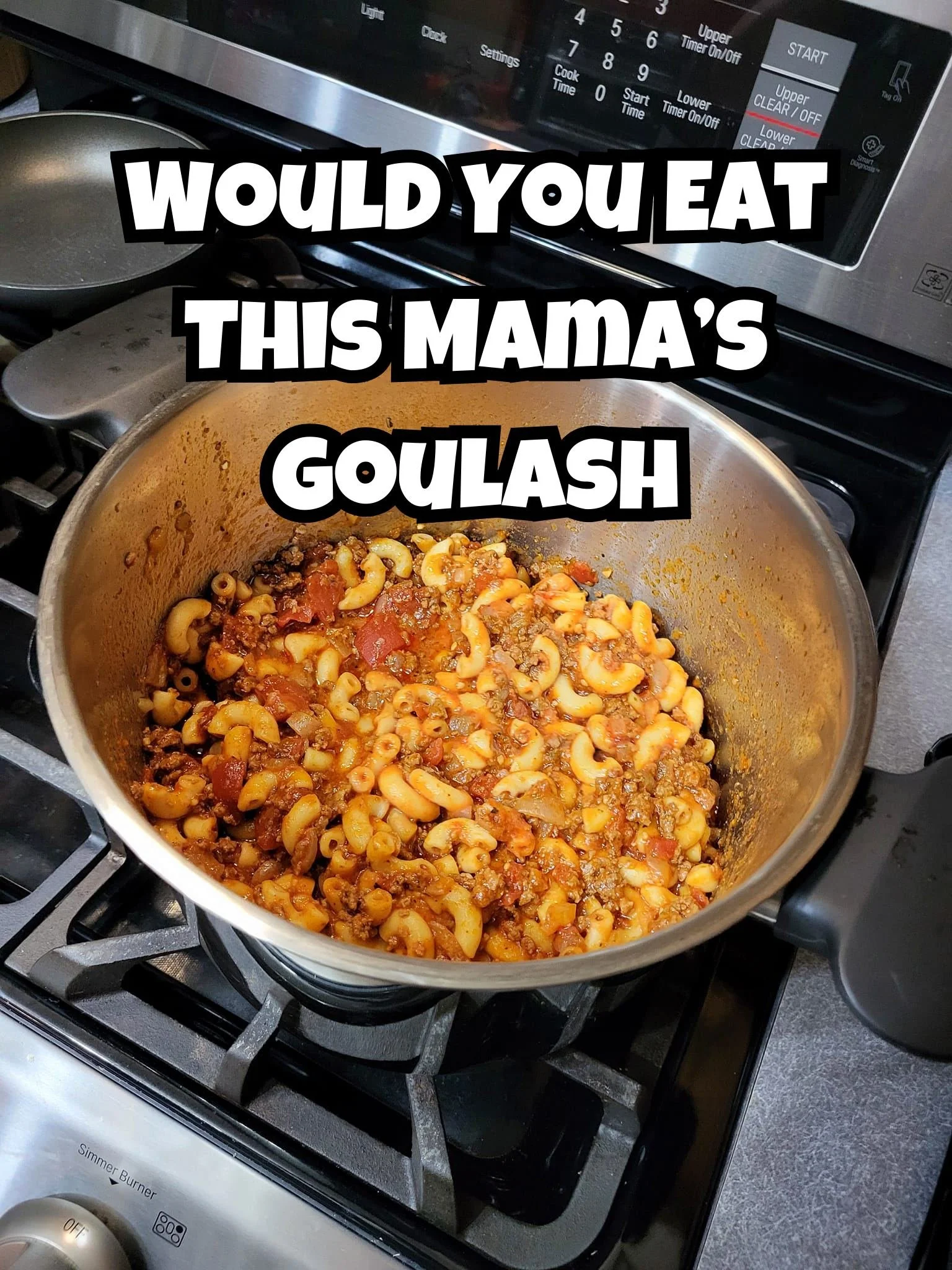 Mama's goulash simmering in a pot, showcasing a hearty and flavorful meal.