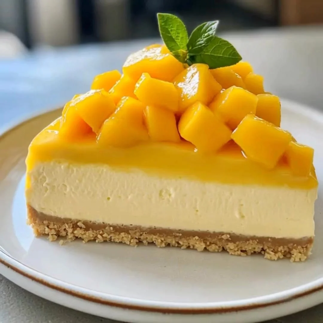Delicious mango cheesecake slice with a tropical garnish on a white plate.