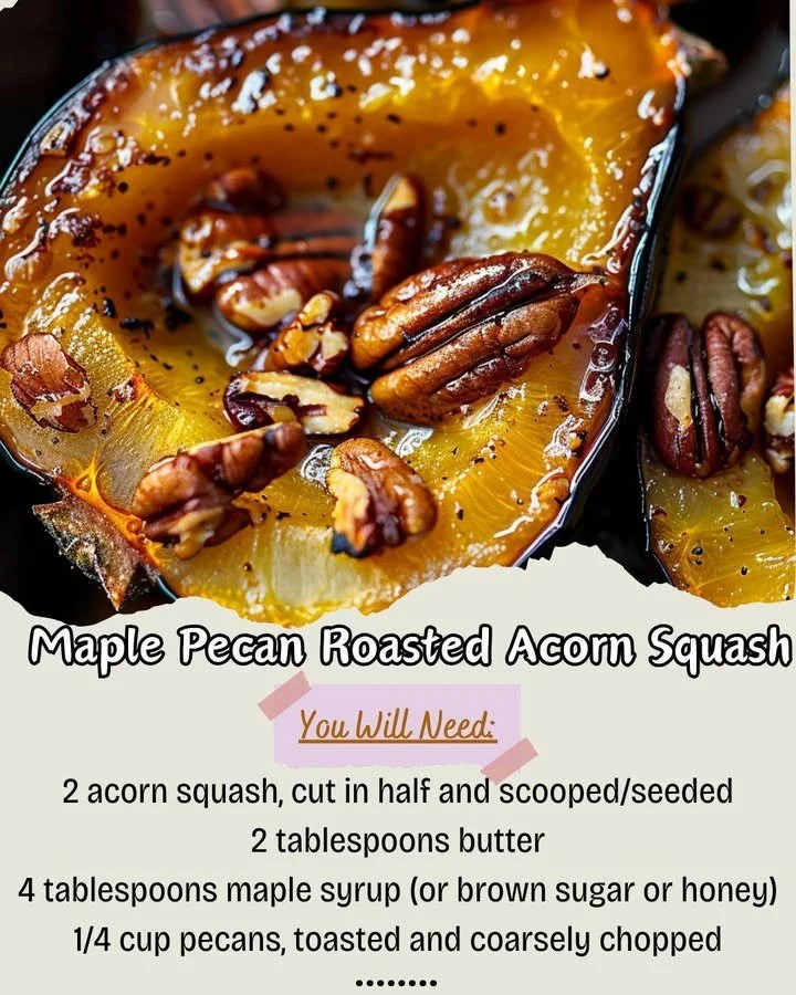 Delicious Maple Pecan Roasted Acorn Squash with a caramelized glaze and crunchy pecans