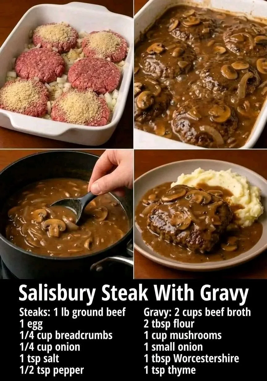 Delicious melt-in-your-mouth Salisbury steak served with gravy and vegetables