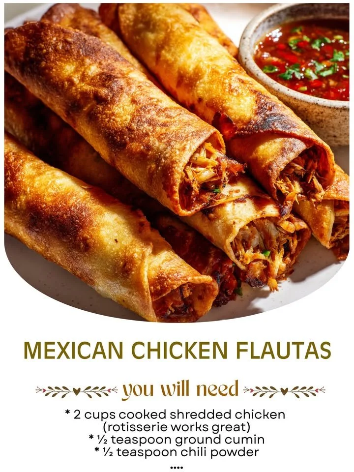 Plate of crispy Mexican chicken flautas topped with salsa and avocado