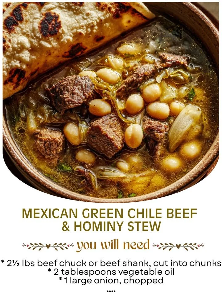 Bowl of Mexican Green Chile Beef Stew with hominy and fresh herbs