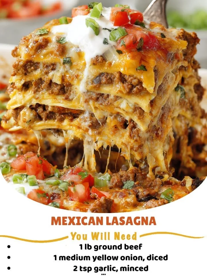 Delicious Mexican Lasagna layered with tortillas, cheese, and spices.