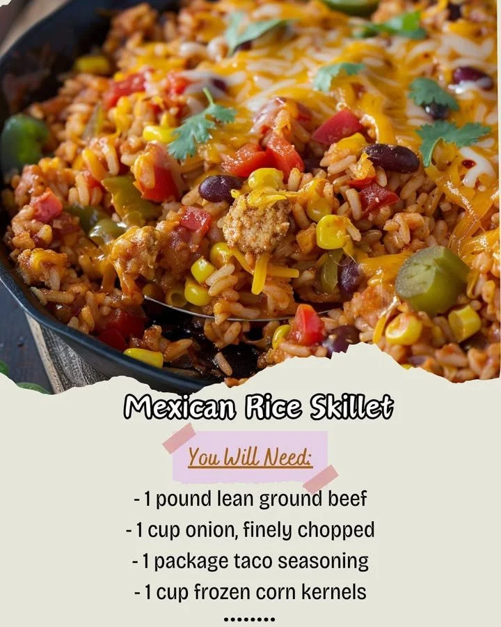 A colorful Mexican Rice Skillet dish with vibrant vegetables and spices.