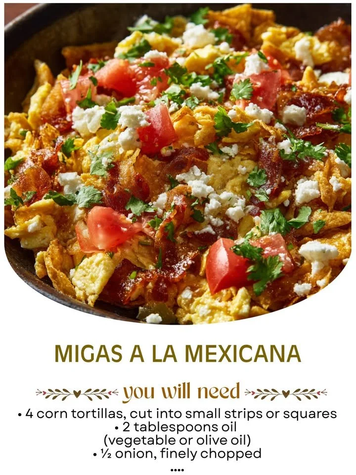 Plate of Mexican Style Migas with scrambled eggs and tortilla strips