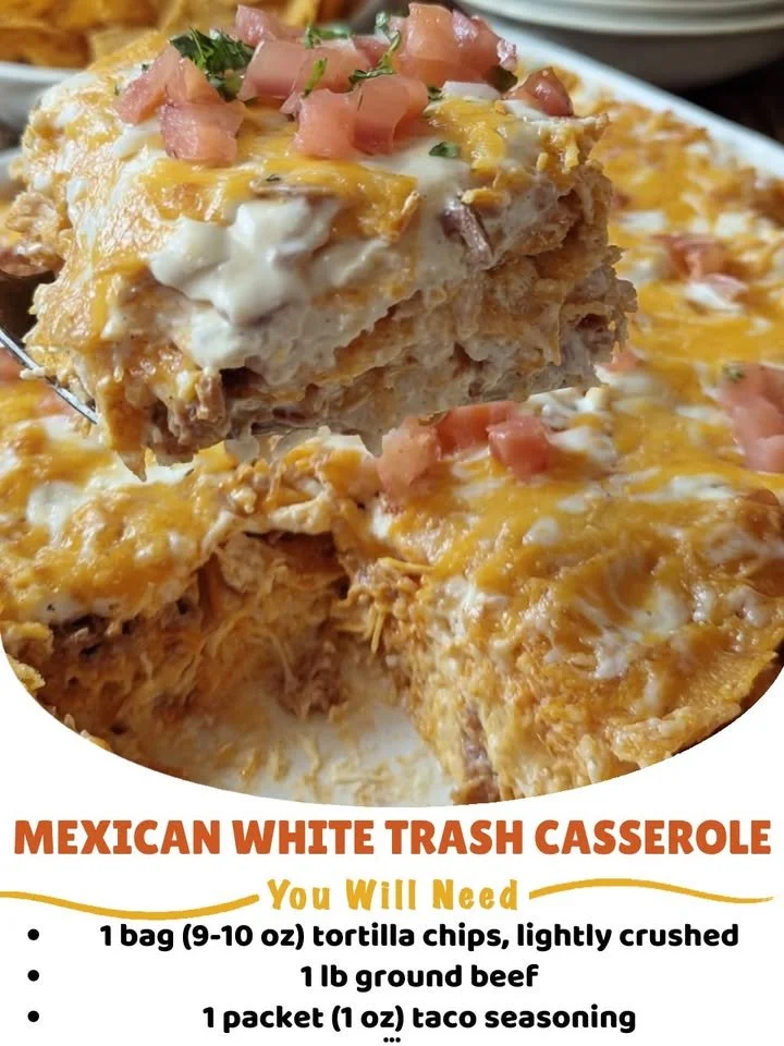 Delicious Mexican White Trash Casserole served in a baking dish