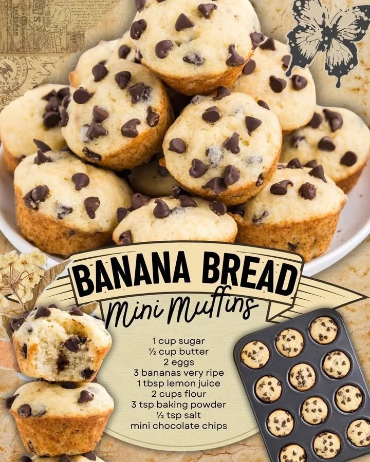 Freshly baked mini banana bread muffins on a wooden table