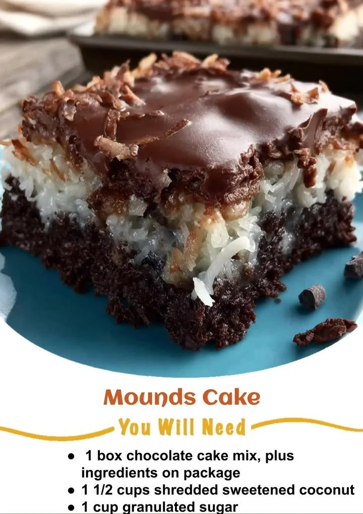 Delicious Mounds Bar Cake with coconut and chocolate frosting.