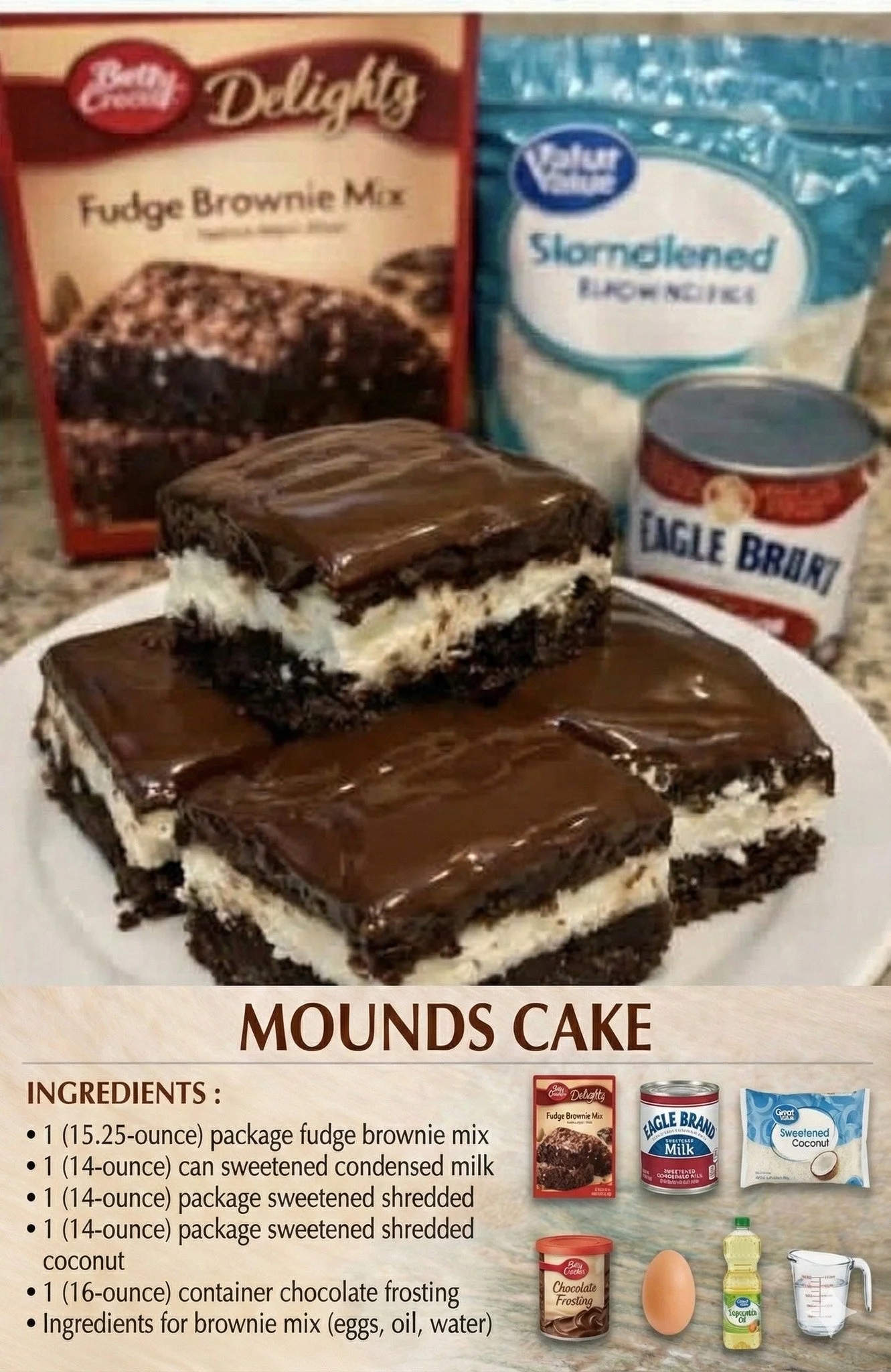 Delicious slice of Mounds Cake with chocolate and coconut layers