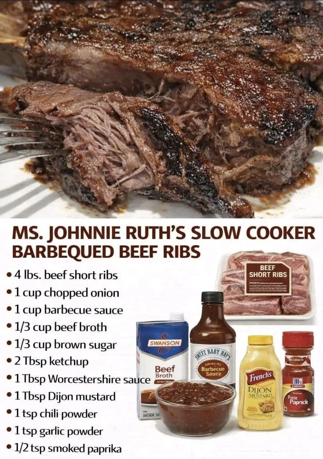 Slow cooker barbecue beef ribs by Ms. Johnnie Ruth, tender and flavorful dish.