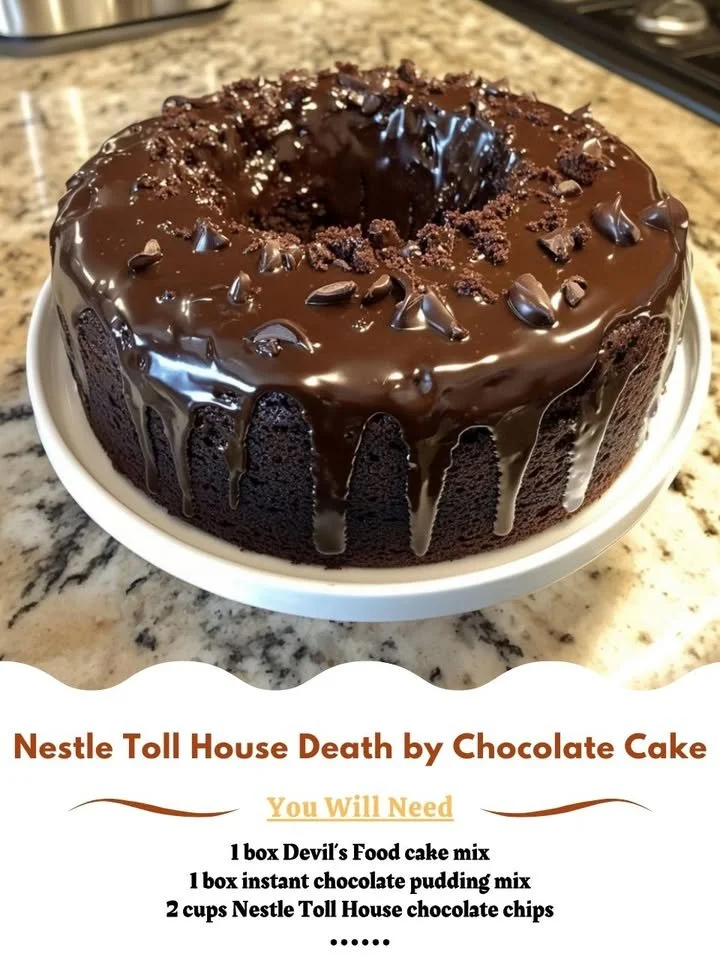 Delicious slice of Nestle Toll House Death by Chocolate Cake topped with chocolate ganache.