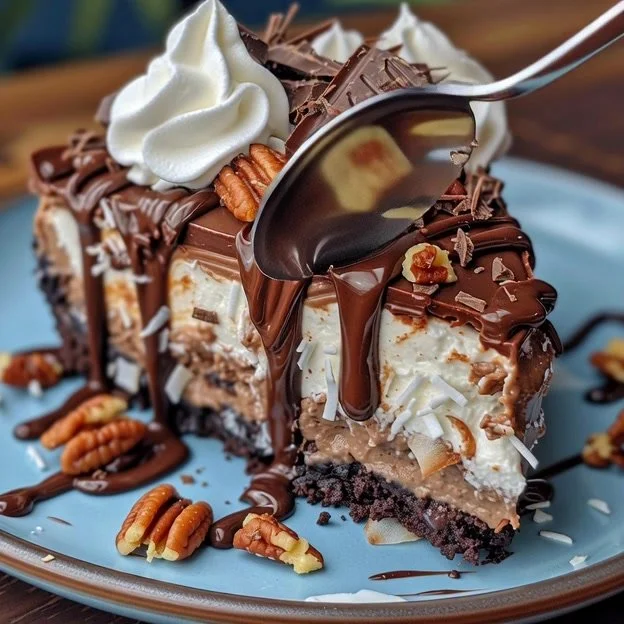 Delicious No-Bake German Chocolate Cheesecake topped with chocolate and coconut.