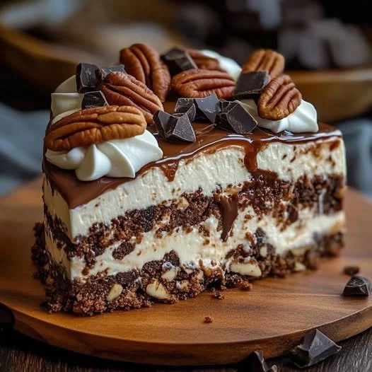 Delicious no-bake German chocolate cheesecake topped with coconut and pecans