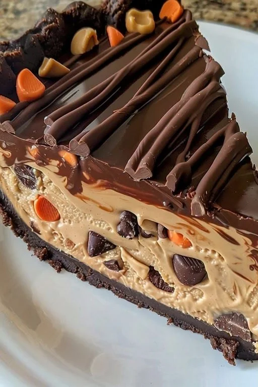 No-bake peanut butter cheesecake topped with chocolate drizzle and peanuts.