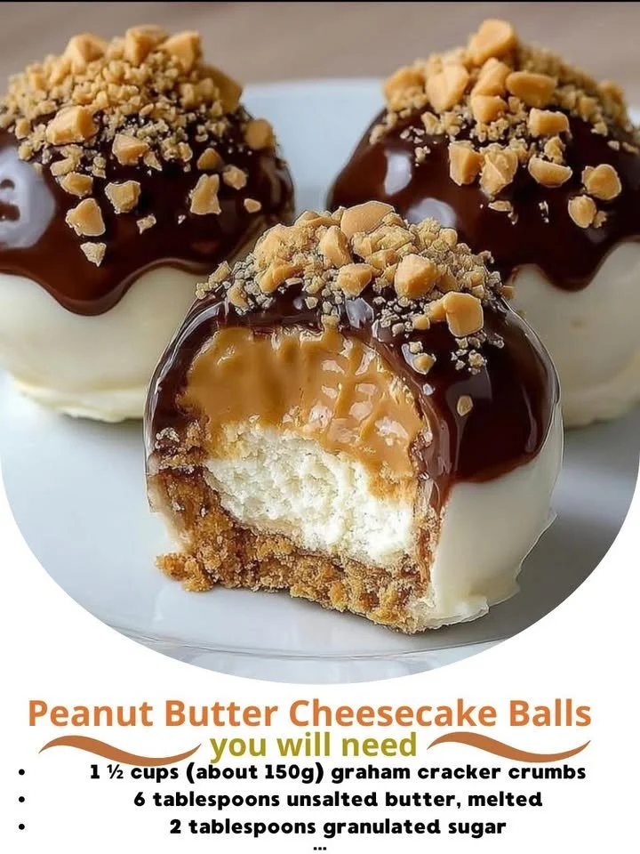 Delicious no-bake peanut butter cheesecake balls topped with chocolate.