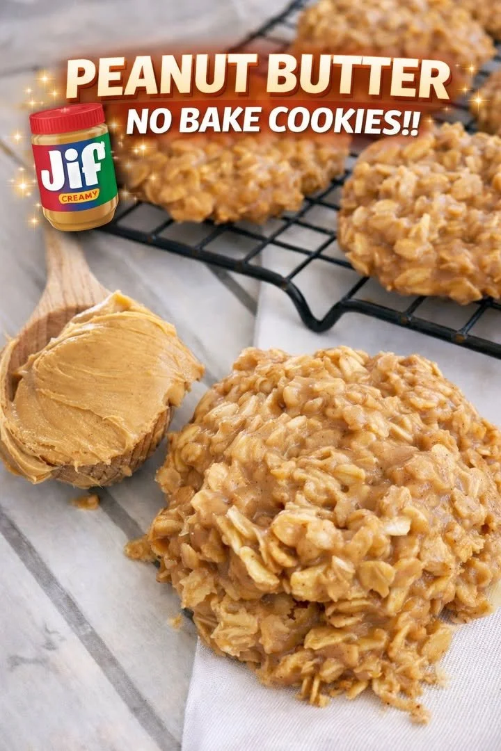 Delicious no bake peanut butter cookies ready to enjoy with a glass of milk.
