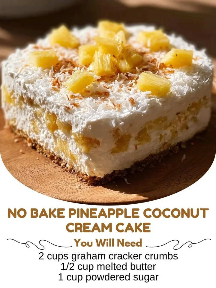 No Bake Pineapple Coconut Cream Cake topped with coconut and pineapple slices