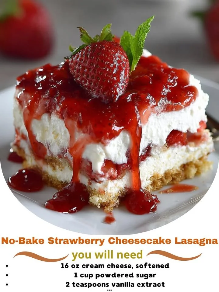 No-Bake Strawberry Cheesecake Lasagna layered with fresh strawberries and creamy cheesecake