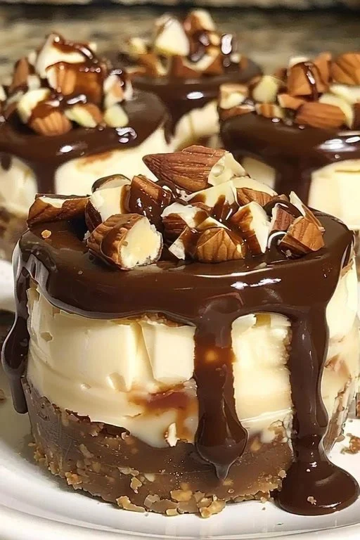 No bake turtle mini cheesecakes topped with chocolate and caramel