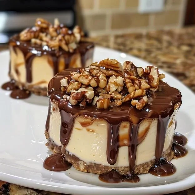 No bake turtle mini cheesecakes topped with chocolate and caramel drizzle.