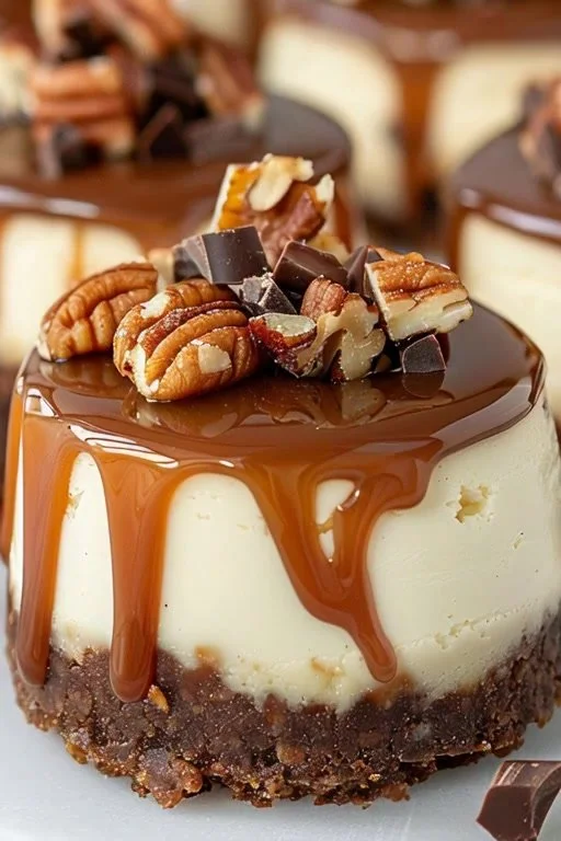 No bake turtle mini cheesecakes with caramel and chocolate toppings