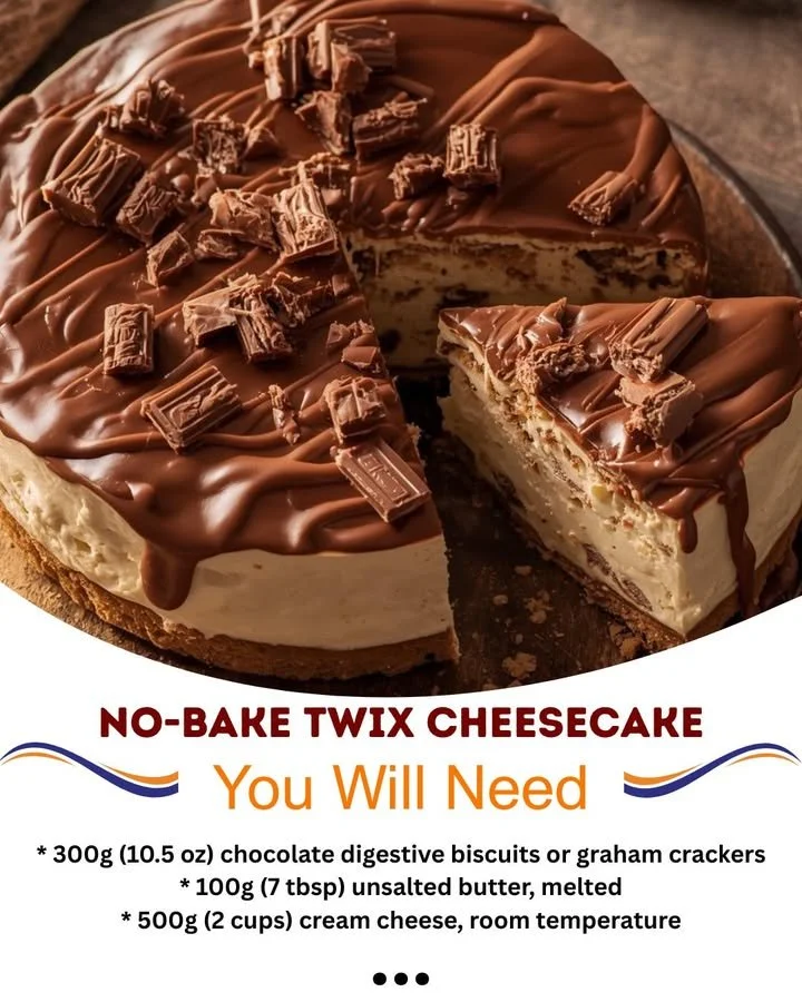 Delicious no-bake Twix cheesecake topped with chocolate and caramel