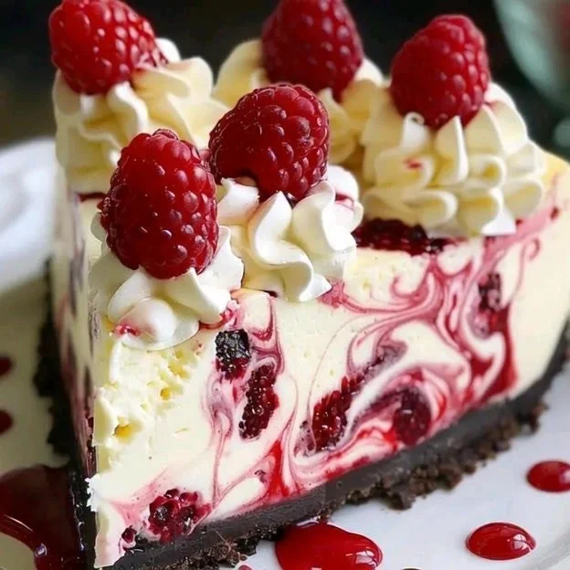 Delicious no-bake white chocolate raspberry cheesecake topped with fresh raspberries.