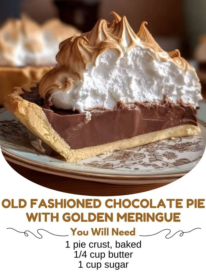 Slice of old fashioned chocolate pie topped with golden meringue