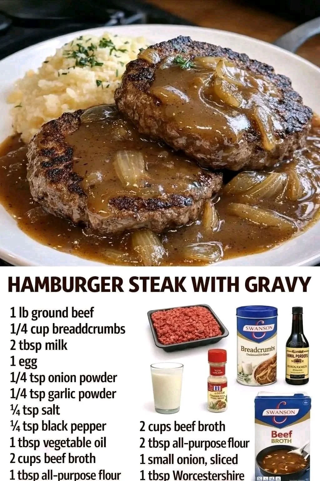 Delicious Old Fashioned Hamburger Steak served with Onion Gravy