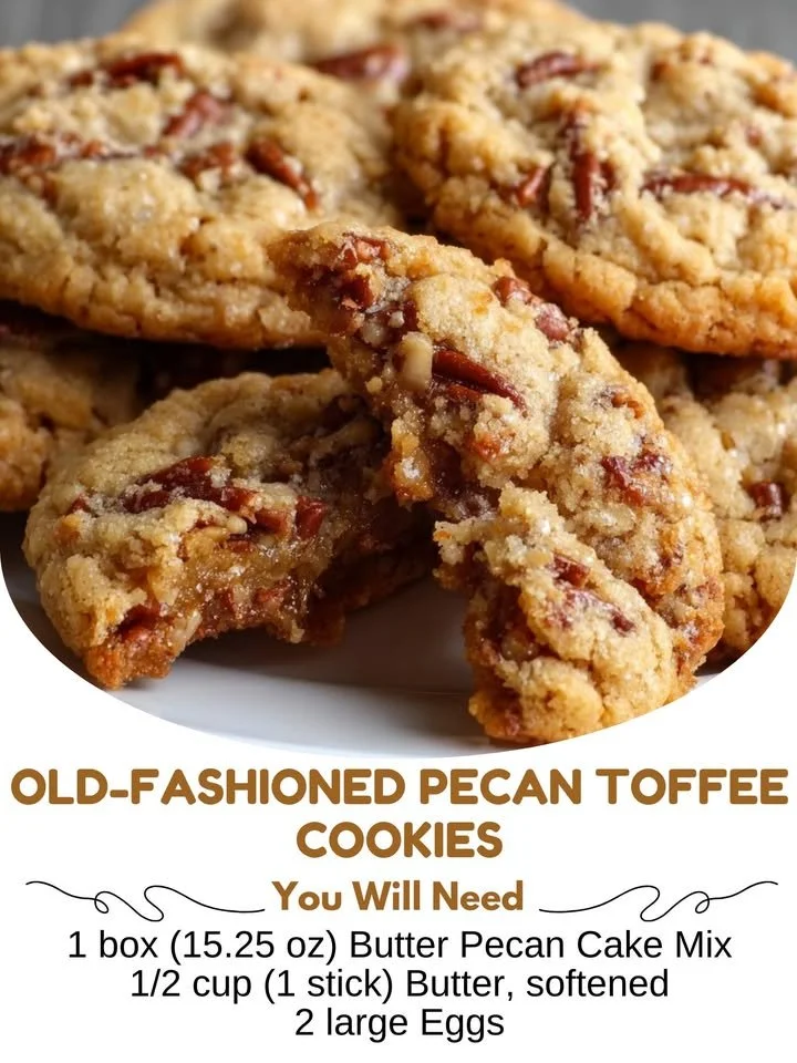 Plate of old-fashioned pecan toffee cookies with a crunchy topping