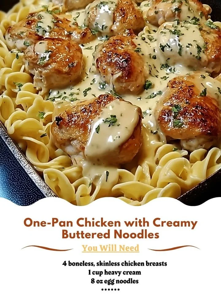 Delicious One-Pan Chicken served with creamy buttered noodles for a quick meal.