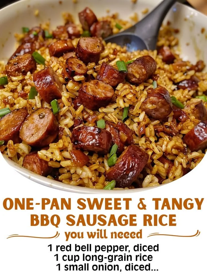 One-Pan Sweet & Tangy BBQ Sausage Rice meal served in a vibrant bowl