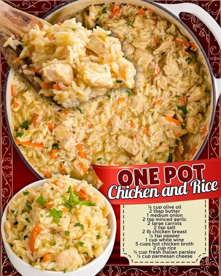 One Pot Chicken and Rice dish served in a bowl with vegetables and herbs.