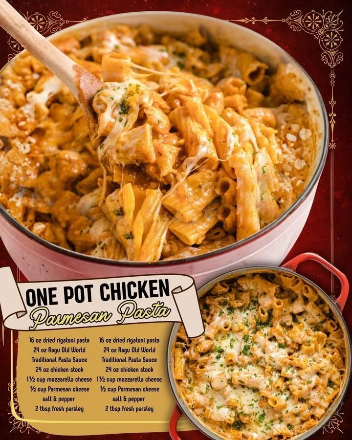 One Pot Chicken Parmesan Pasta dish served in a bowl with cheese and herbs.