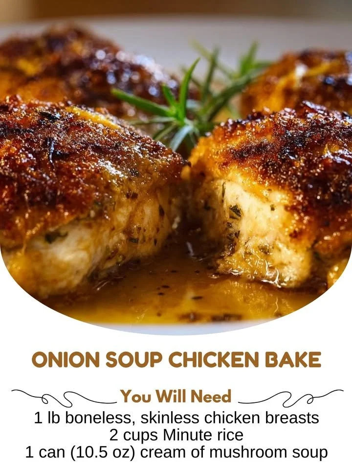 Baked onion soup chicken garnished with herbs and served in a casserole dish