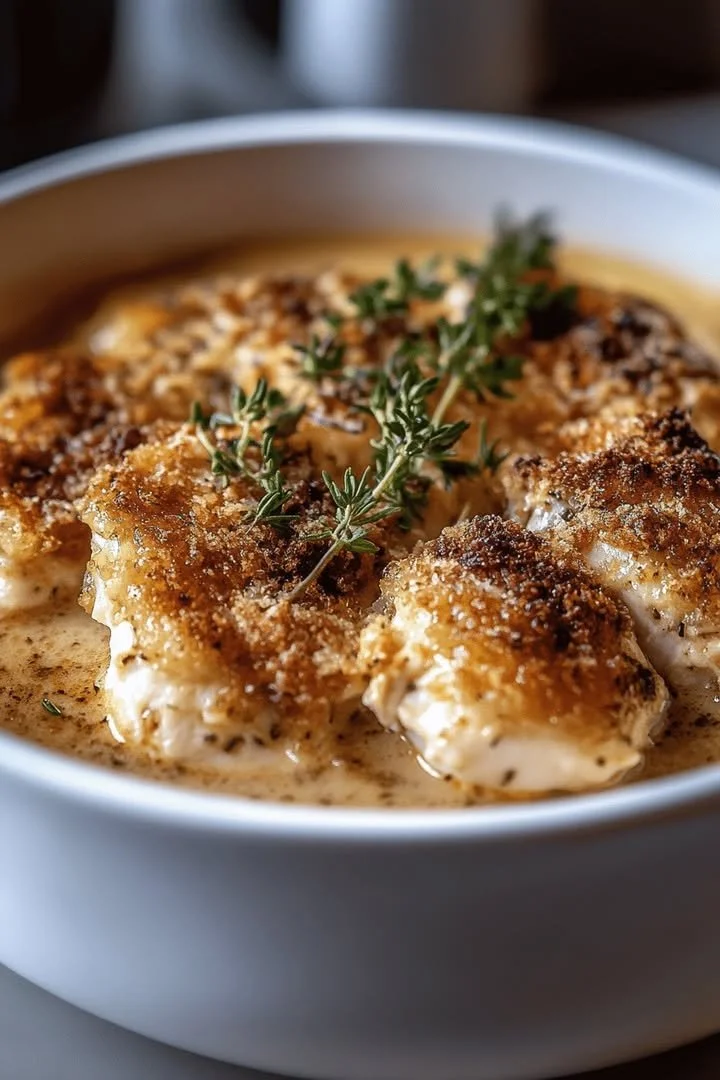 Baked onion soup chicken with melted cheese and herbs