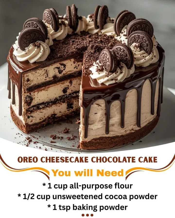 Delicious Oreo cheesecake chocolate cake with creamy topping and crushed Oreos.