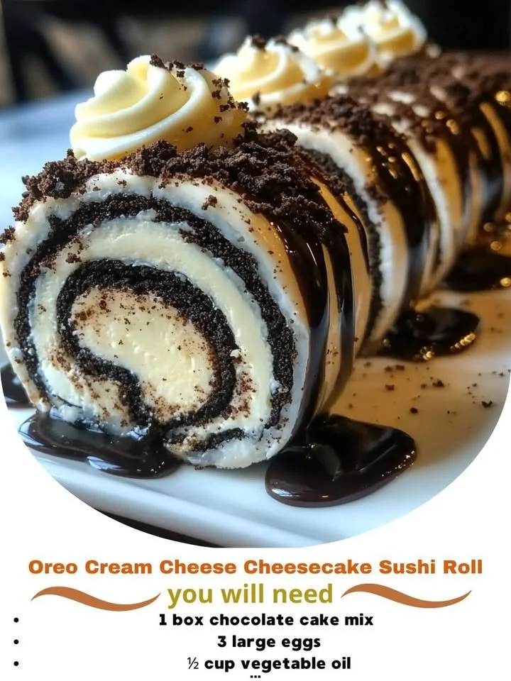 Oreo Cream Cheese Cheesecake Sushi Roll dessert with chocolate and cream cheese