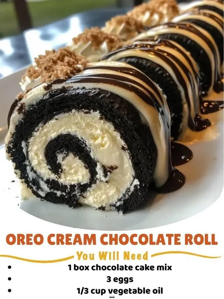 Delicious Oreo Cream Chocolate Roll dessert with chocolate and Oreo cream layers